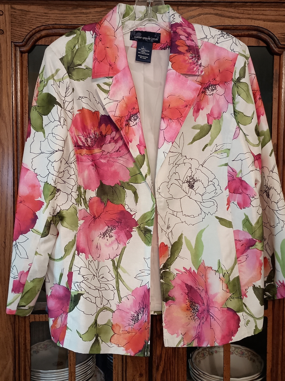 Susan Graver Floral Blazer Jacket - Pink, Green & White